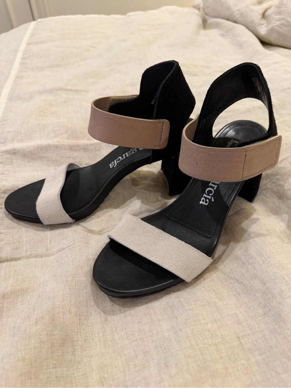 Pedro Garcia Black Heeled Sandals with Beige and Tan Straps